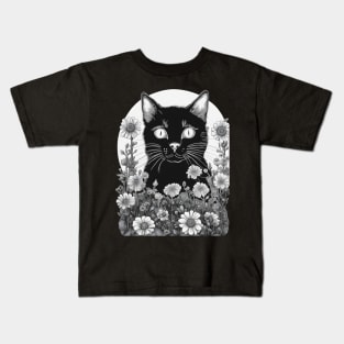 Aesthetic black cat  black and white with flowers Kids T-Shirt